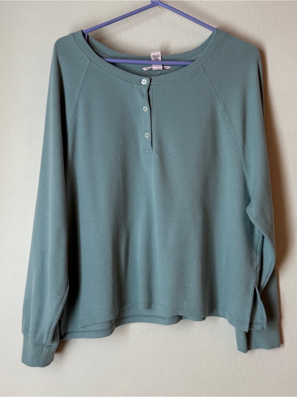 Victoria’s Secret Henley Long Sleeve Button Waffle Knit Pajama Top Blue Green